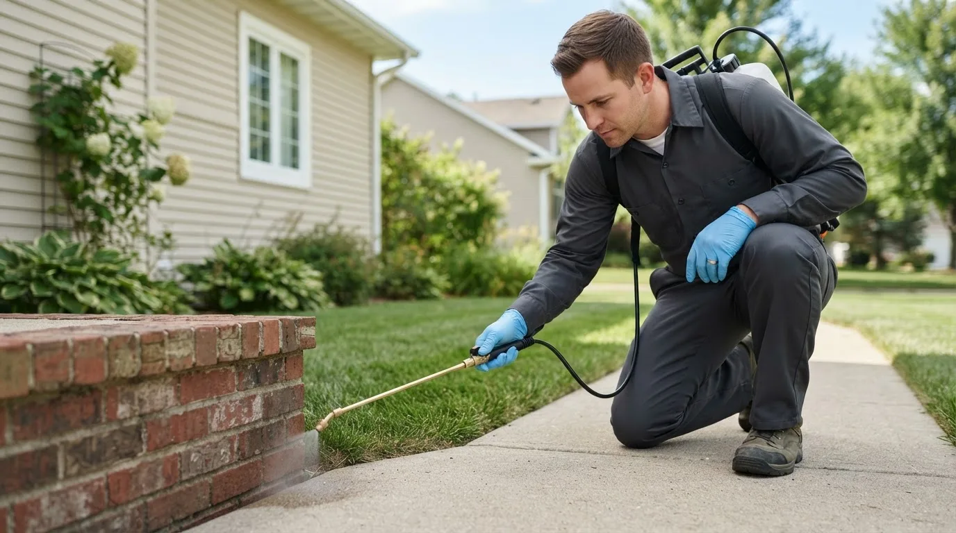 Pest control technician treating a home near Chalmers, IN