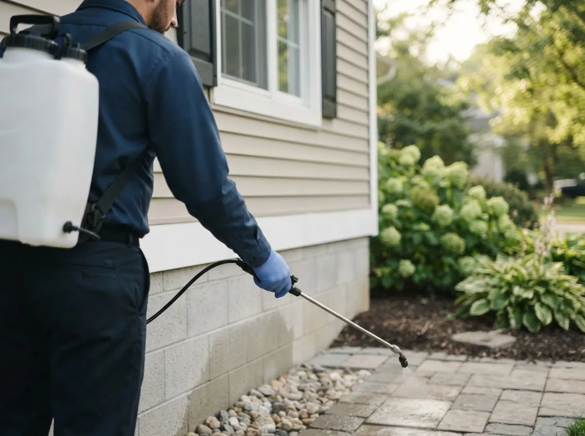 Pest control technician inspecting a home in Chalmers, IN
